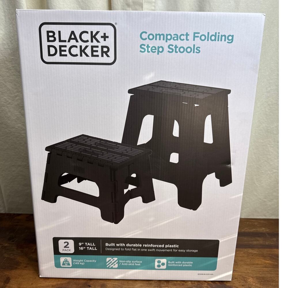 Black+Decker Compact Folding Black Step Stools New In Box 9" & 16" *Folds Flat*